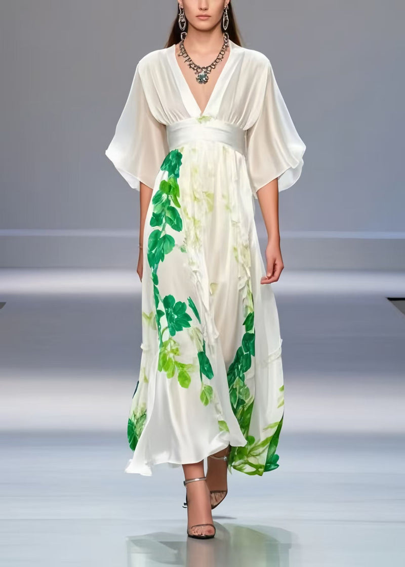 White Cinched Print Silk Long Dress Summer