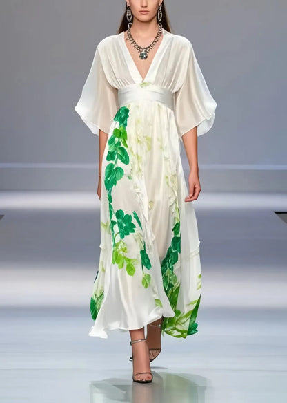 White Cinched Print Silk Long Dress Summer
