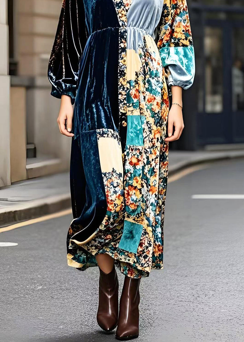 Peacock Blue V Neck Patchwork Print Silk Velvet Ankle Dress Fall