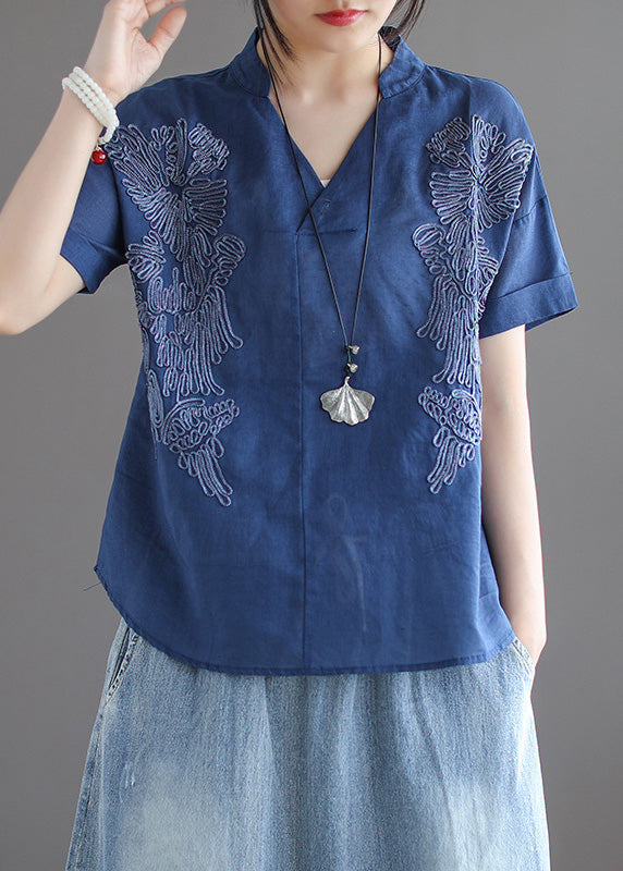 Organic Blue V Neck Embroidered Low High Design Shirts Summer