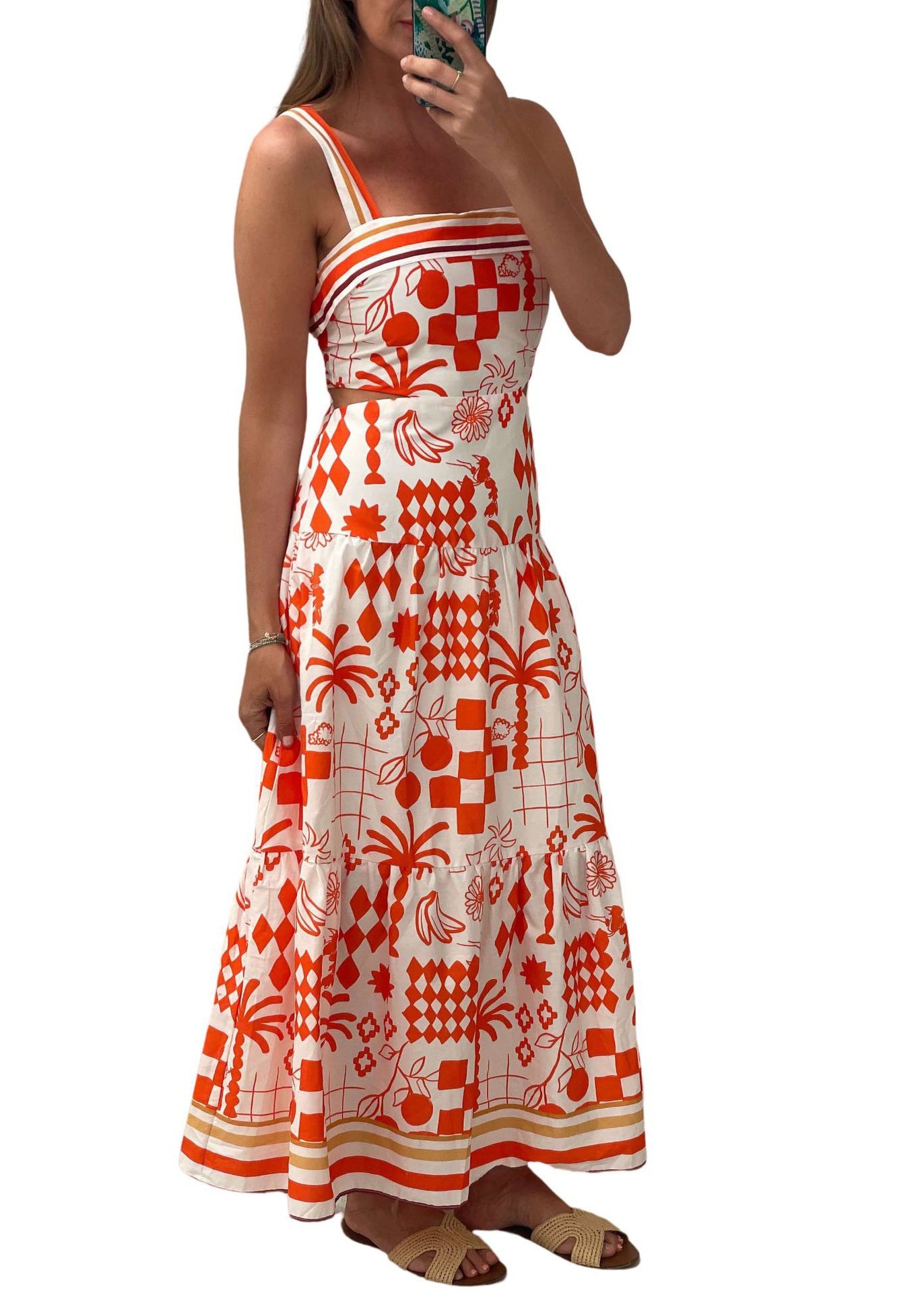 Natural Red Print Patchwork Cotton Spaghetti Strap Dress Summer