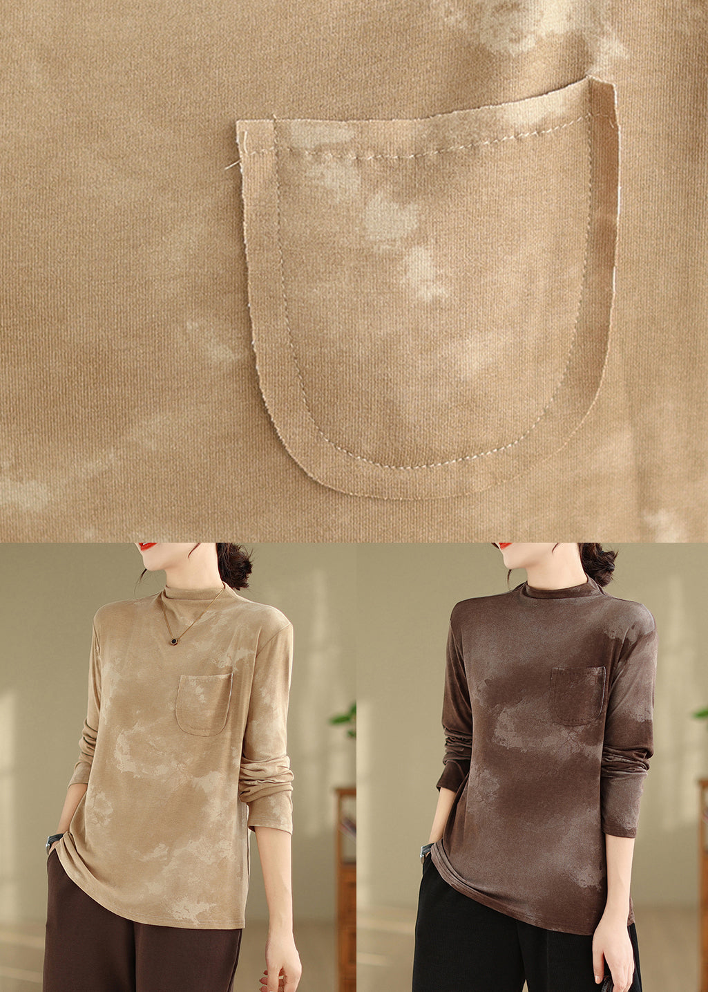 Coffee Pockets Patchwork Cotton T Shirt Fall