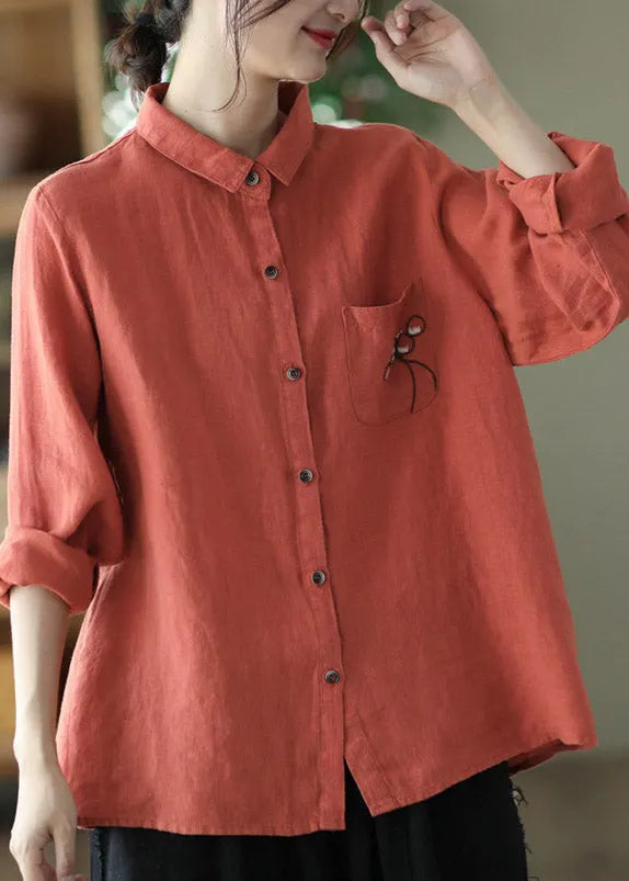 Red Peter Pan Collar Embroidered Button Linen Shirt Long Sleeve
