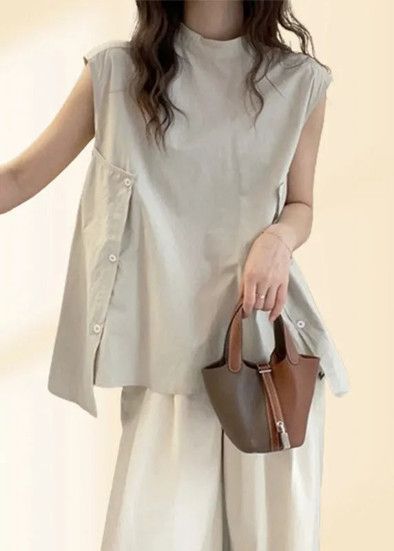 Apricot Stand Collar Asymmetrical T Shirt Short Sleeve