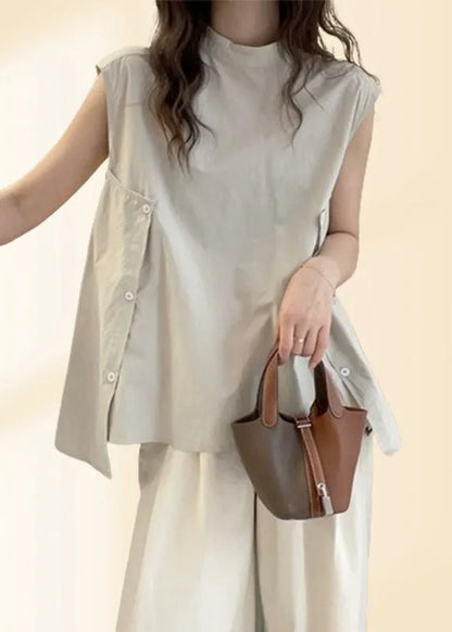 Apricot Stand Collar Asymmetrical T Shirt Short Sleeve