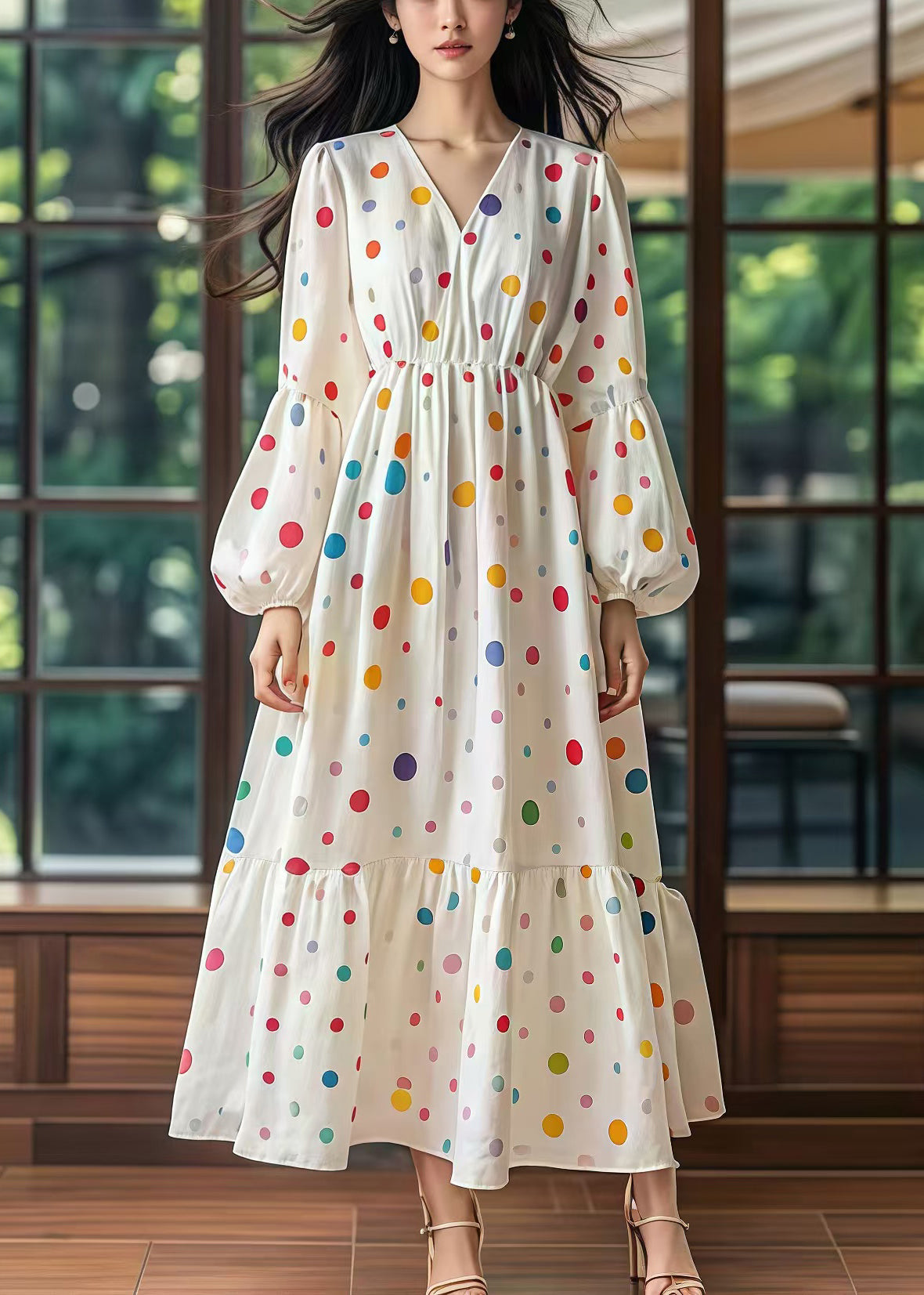 White Cinched Print Cotton Long Dress Lantern Sleeve