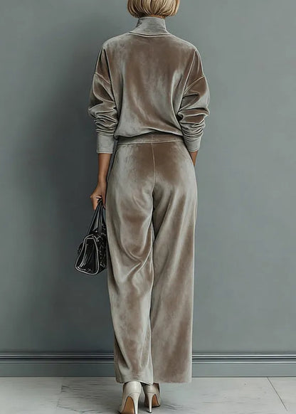 Loose Grey Turtleneck Patchwork Pullover and Wide Leg Pants Two Pieces Set Spring