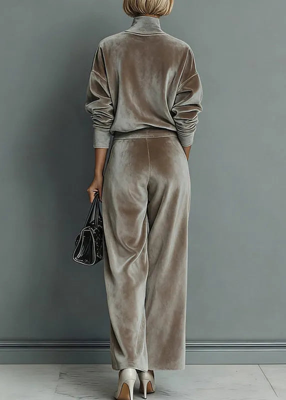 Loose Grey Turtleneck Patchwork Pullover and Wide Leg Pants Two Pieces Set Spring