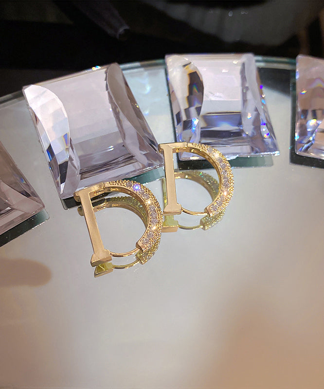 Gold Copper Alloy Zircon D Type Hoop Earrings