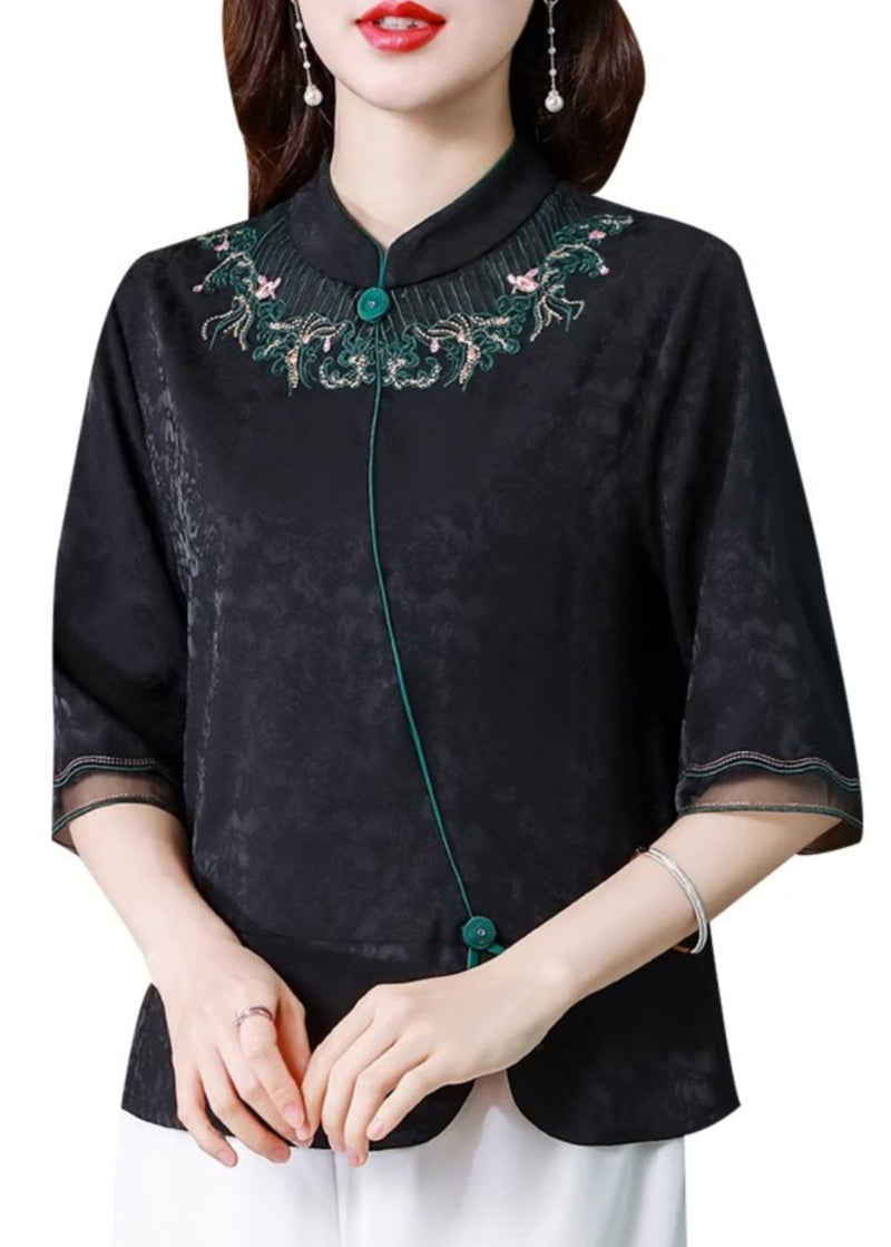 Black Stand Collar Embroidered Silk Blouse Top Summer