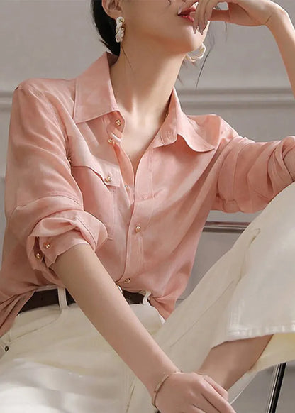 Pink Peter Pan Collar Button Chiffon Blouse Top Spring