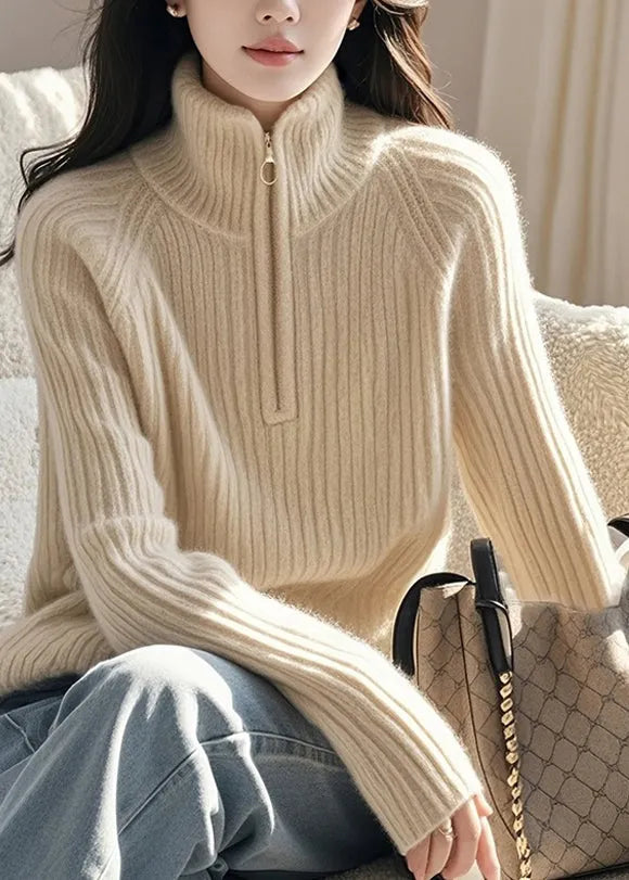 Fine Beige Zip Up High Neck Knitted Sweaters Spring