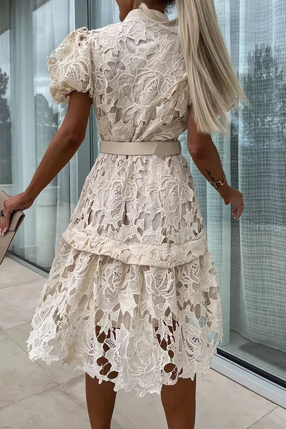 Absolutely Crochet Lace Puff Sleeve Belted Shirt Midi Dress