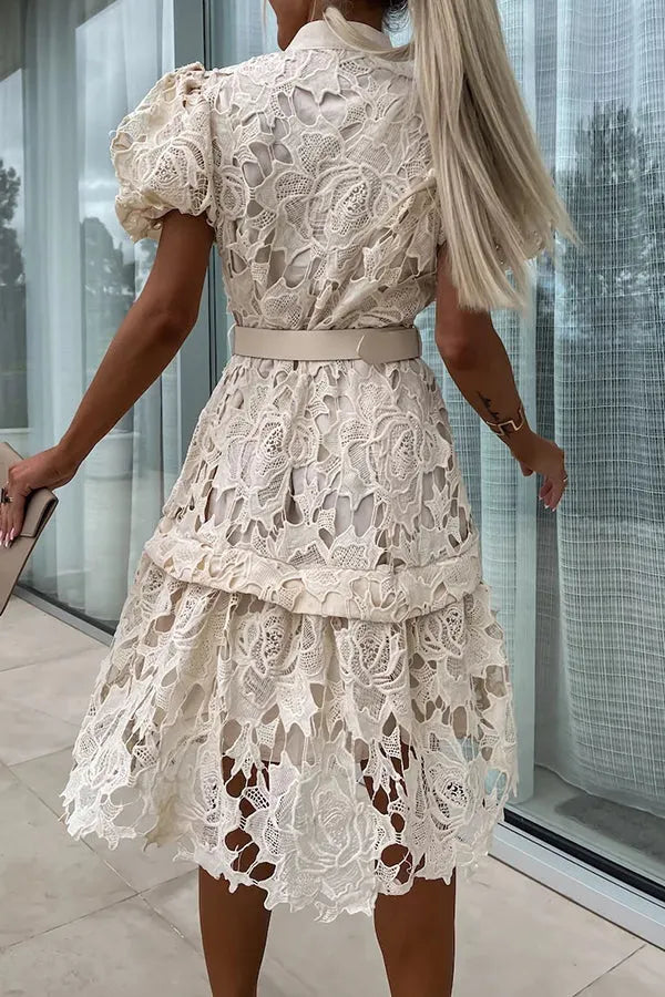 Absolutely Crochet Lace Puff Sleeve Belted Shirt Midi Dress