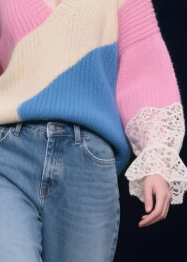 Diy Rose Asymmetrical Patchwork Lace Knit Tops Winter