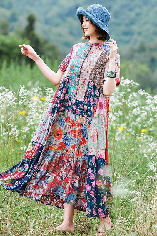 Print Splicing Short Sleeve 100% Cotton Dress