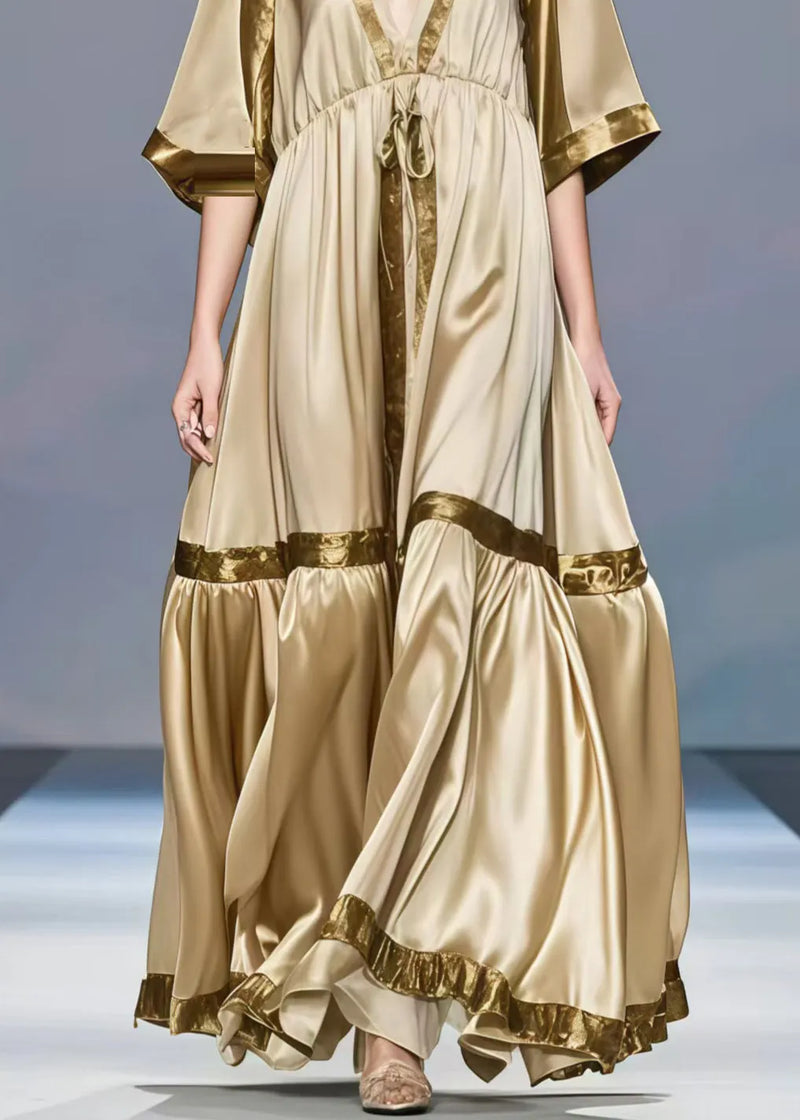 Khaki V Neck Patchwork Exra Large Hem Silk Long Dress Half Sleeve