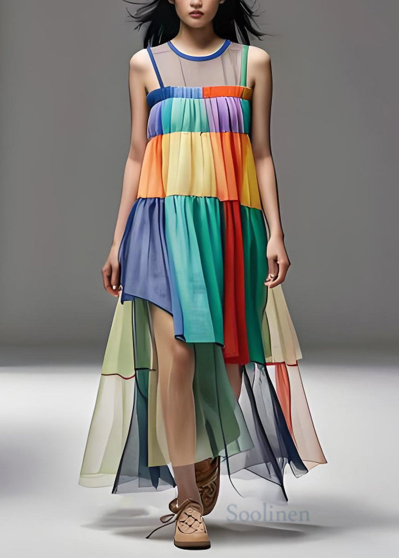 Loose Colorblock O Neck Tulle Patchwork Cotton Dresses Sleeveless