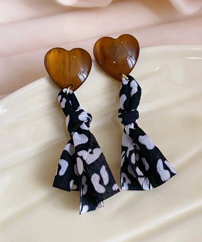 Black Copper Fabric Resin Love Print Drop Earrings