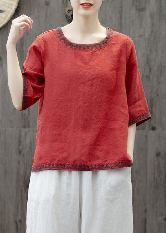 Yellow O Neck Embroideried Patchwork Cotton T Shirts Summer