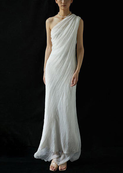 Art White Cold Shoulder Wrinkled Silk Maxi Dress Summer