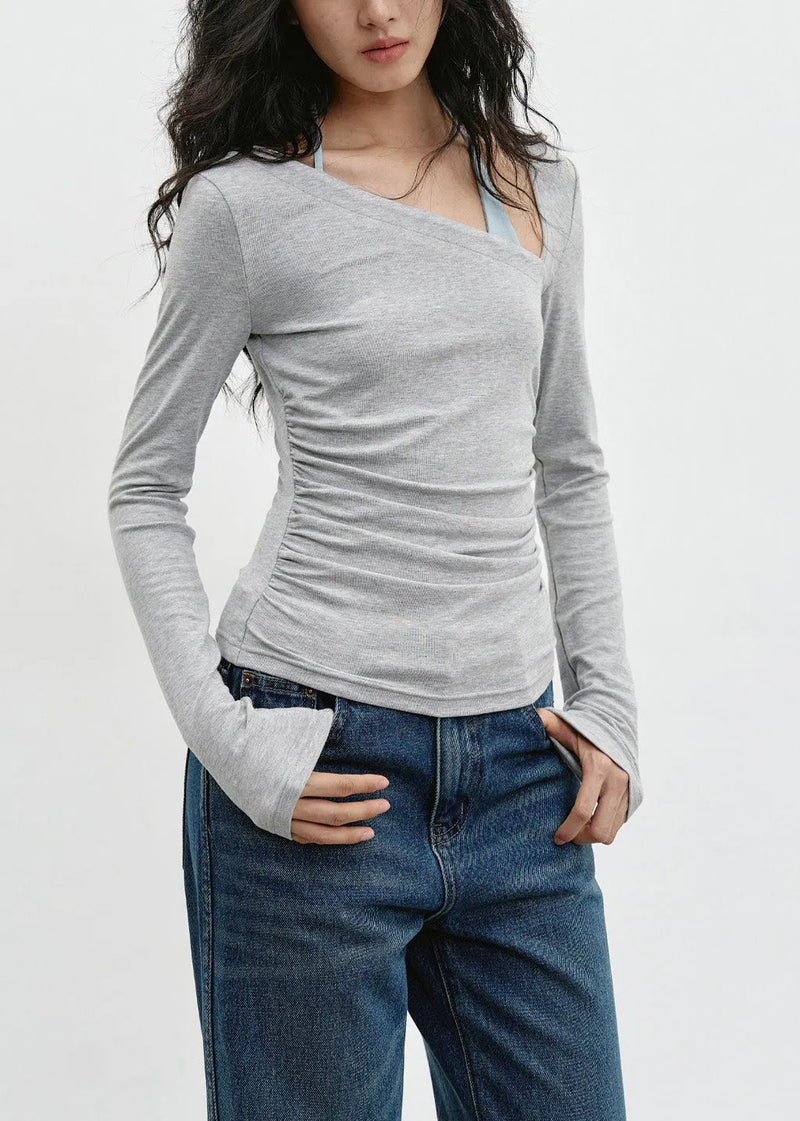 Slim Fit Slanted Shoulder Grey Long Sleeved T-shirt Spring