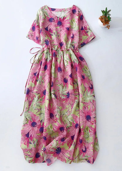 Pink Cinched Print Linen Vacation Dresses Summer