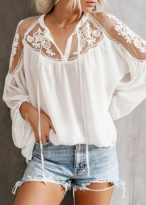 Black V Neck Chiffon Tops Lantern Sleeve