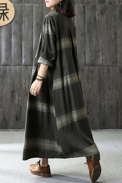 - Linen Plaid Dress Loose Long Sleeve Dress
