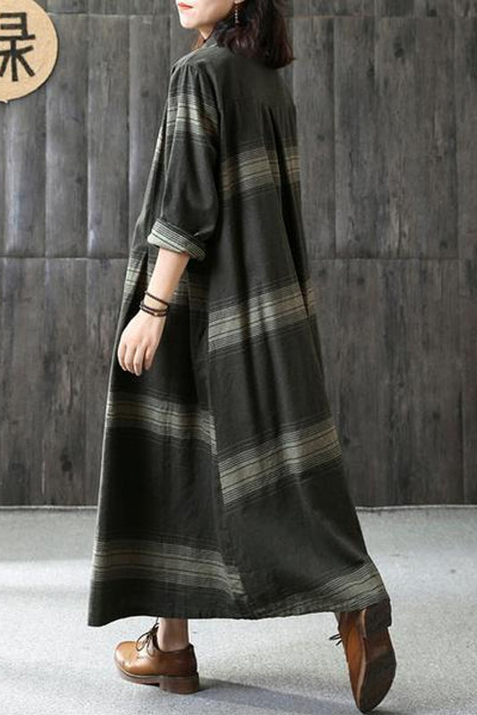 - Linen Plaid Dress Loose Long Sleeve Dress