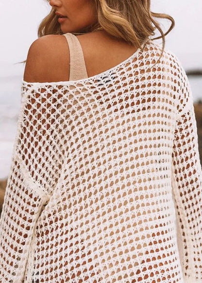 White Hollow Out Knit Cover Up Swimwear