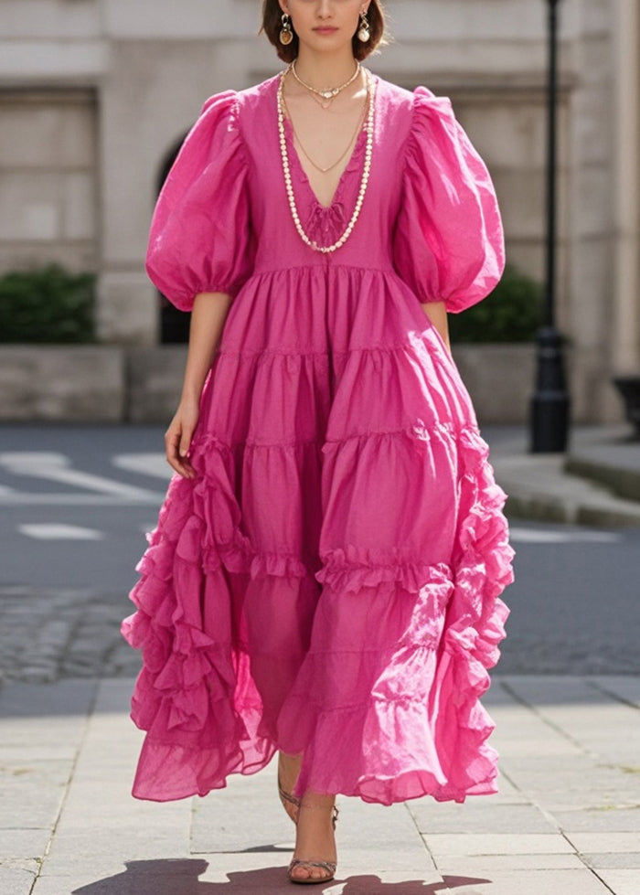 Rose Ruffled Exra Large Hem Cotton Dress Puff Sleeve
