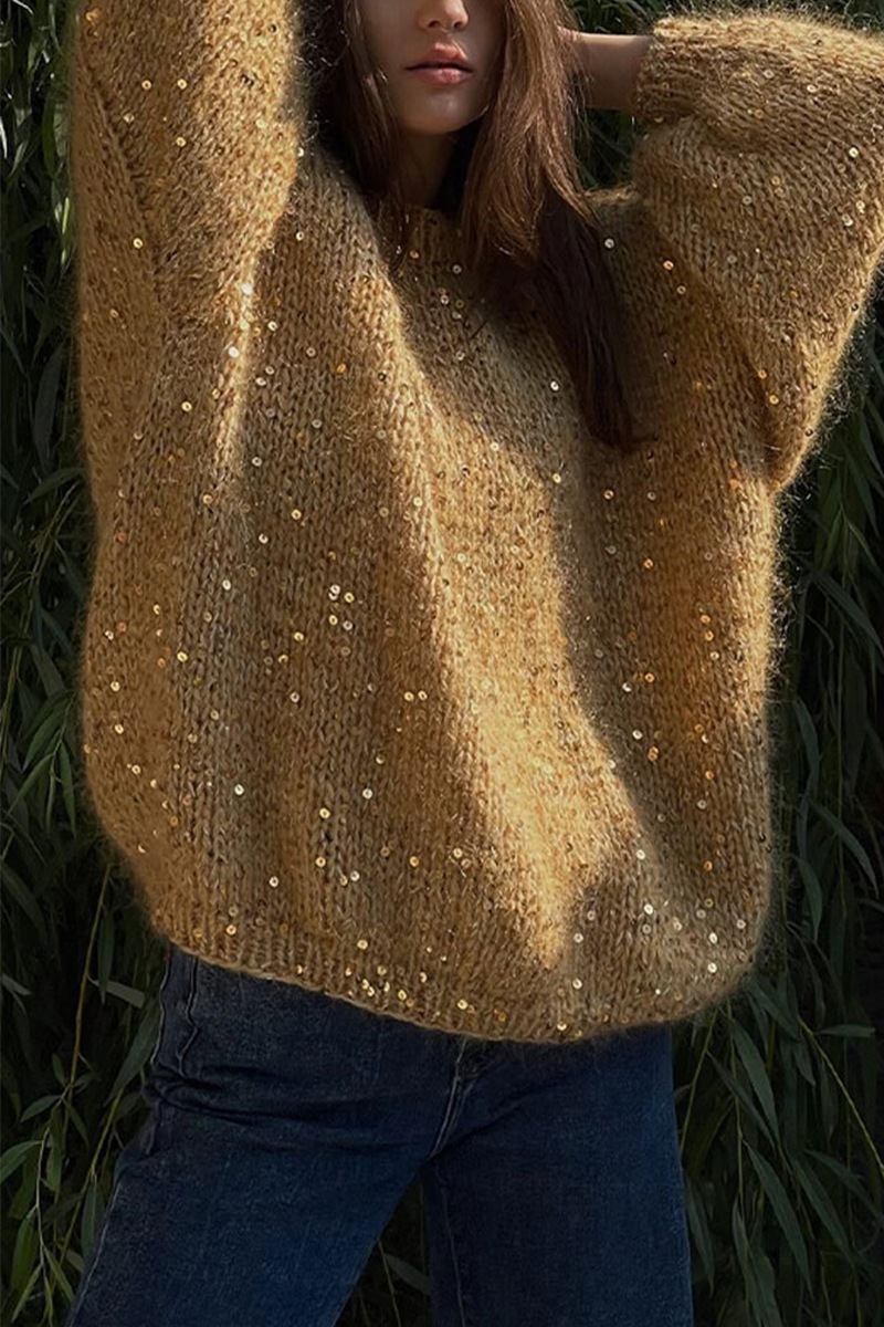 Color Sequins O Neck Sweaters