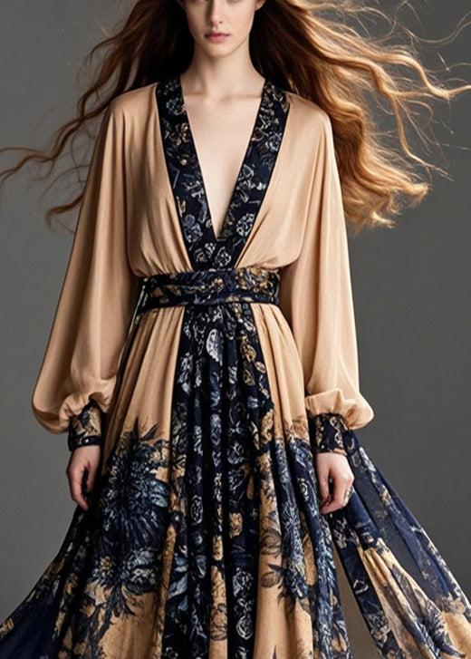 Coffee Cinched Print Chiffon Party Dress Exra Large Hem Fall