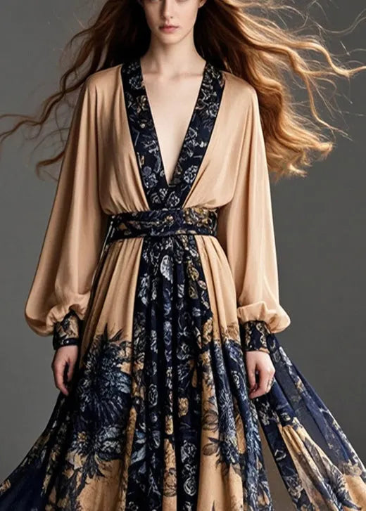 Coffee Cinched Print Chiffon Party Dress Exra Large Hem Fall