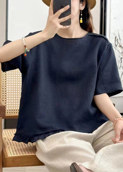 Navy Button Linen Blouse Tops O Neck Summer