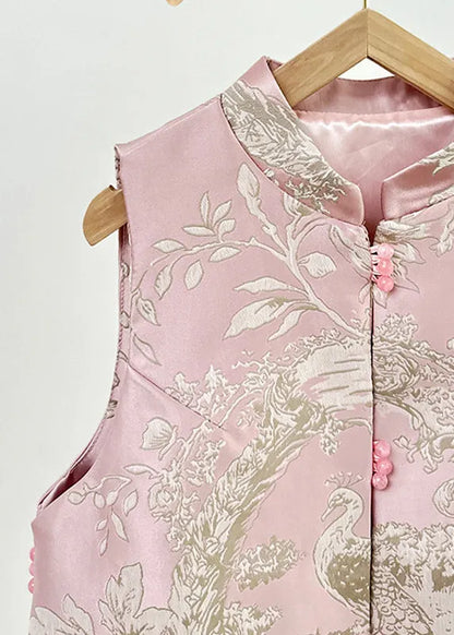 Pink Stand Collar Embroidered Nail Bead Side Open Waistcoat Fall