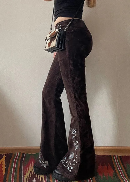 Slim Fit Chocolate Embroidered Denim Flared Trousers