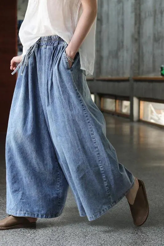 Limited Stock- Drawstring Blue Denim Wide Leg Pants