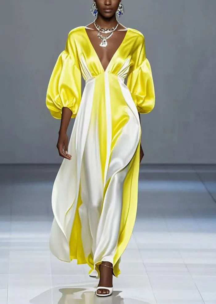 French Yellow Deep-v Neck Patchwork Silk Dress Lantern Sleeve