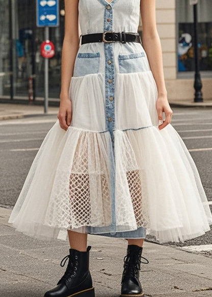 Light Blue Silm Fit Patchwork Tulle Denim Long Dresses Summer