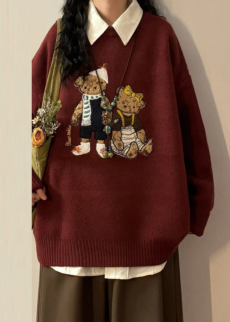 Red Little Bear Cozy Knit Sweaters Tops O Neck Spring