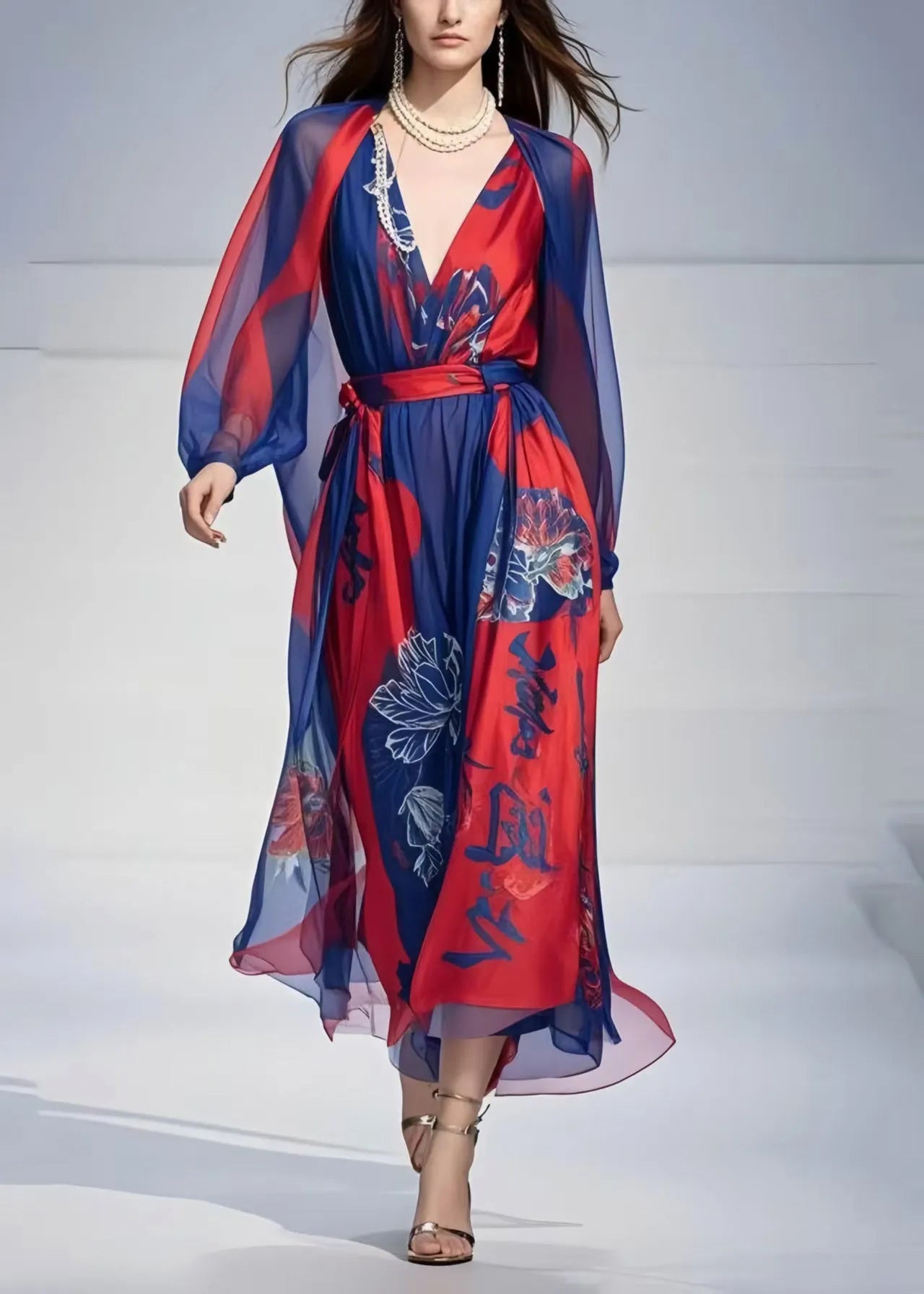 Art Navy Cinched Print Chiffon Party Dress Spring