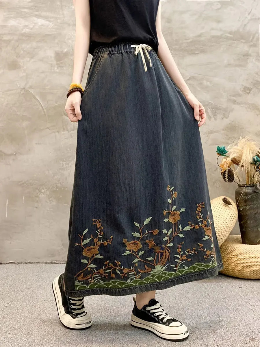 Summer Artsy Flower Embroidert Denim Skirt