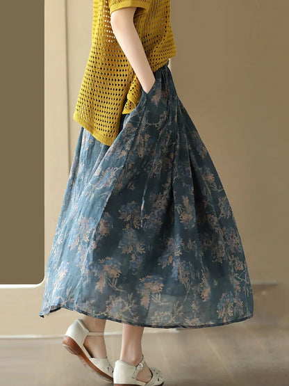 Summer Artsy Drawstring Loose Ramie Skirt
