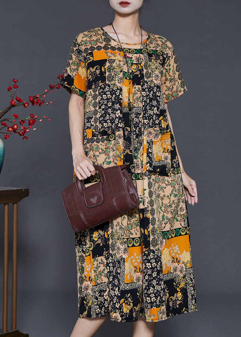 Boutique Khaki Oversized Print Chiffon Holiday Dress Summer