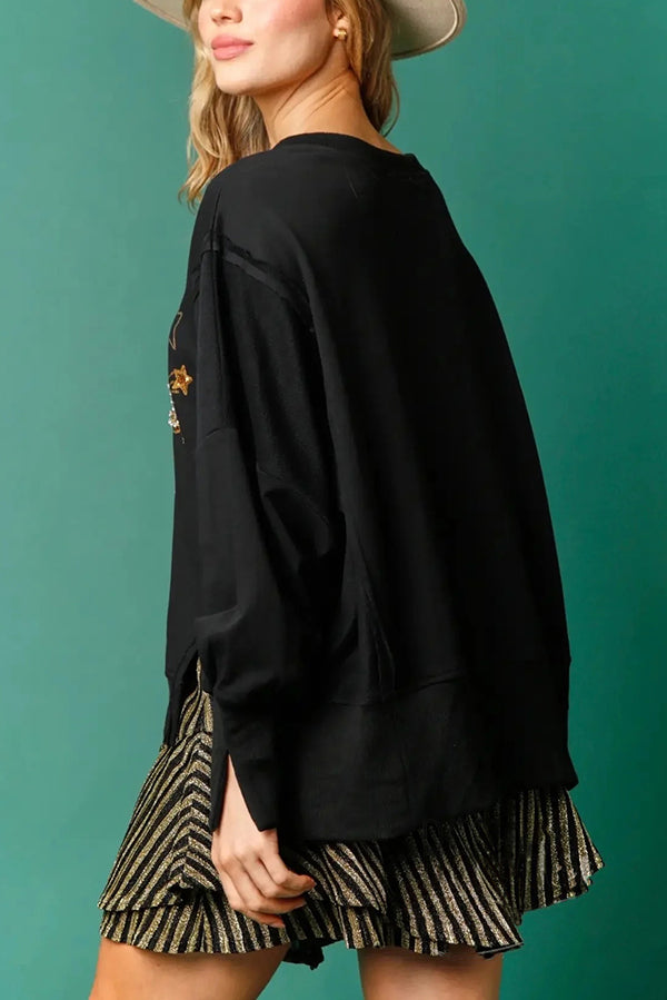 Christmas Sequin Casual Crew Neck Long-Sleeve Sweatshirt