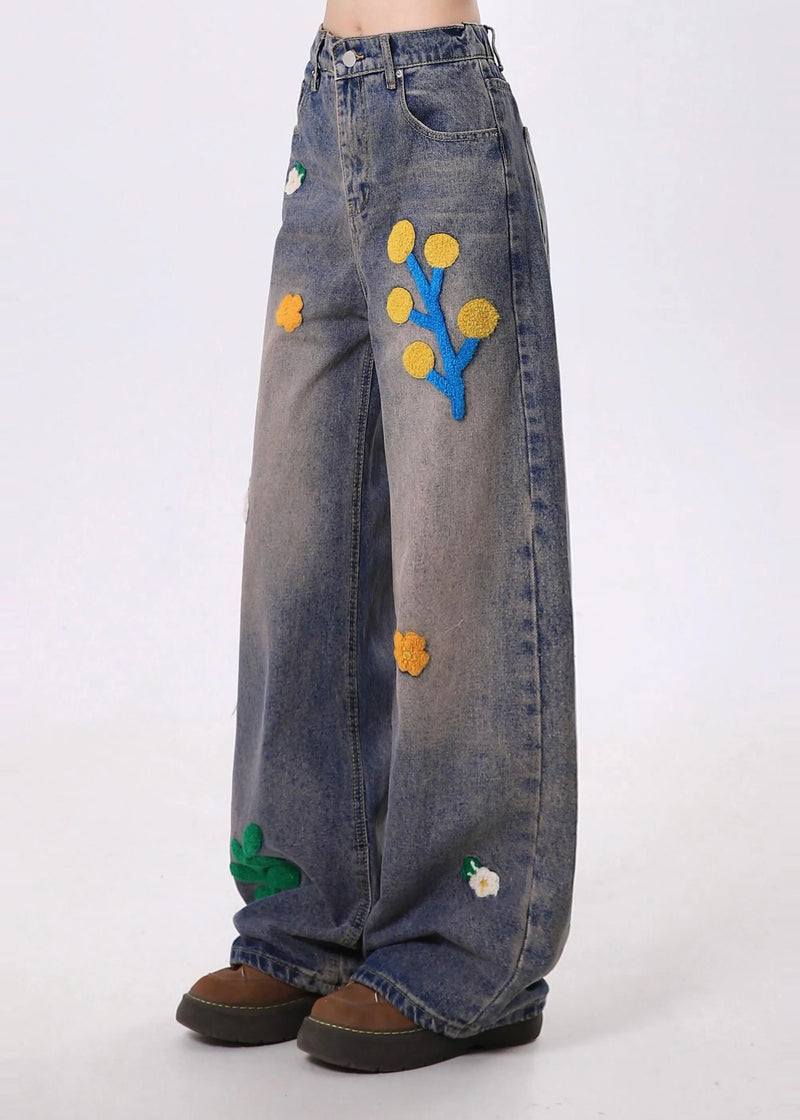 Blue Embroidered Denim Straight Pants Spring