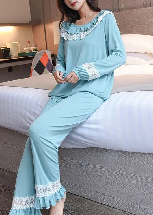 Blue Lace Patchwork Cotton Pajamas Two Piece Set Fall
