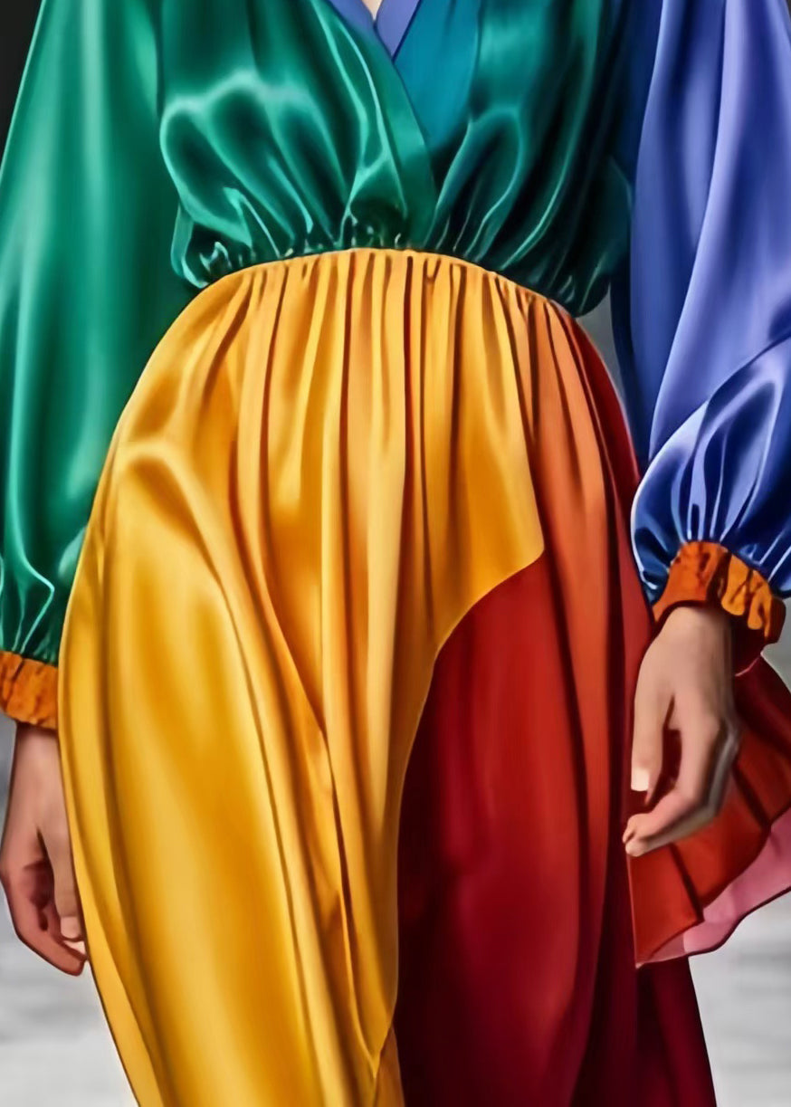 Colorblock V Neck Patchwork Silk Long Dress Spring
